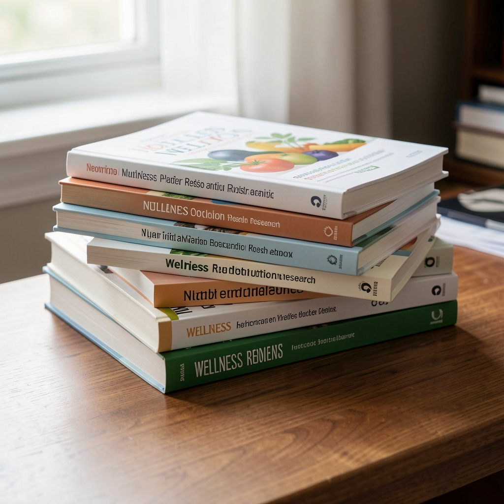 Stack of wellness and nutrition research books and journals arranged on a wooden desk with natural side-lighting