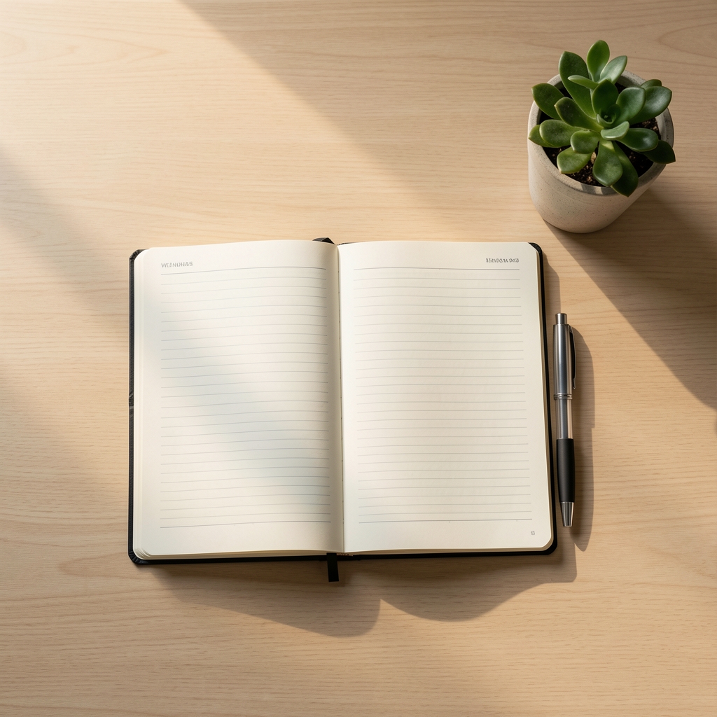Overhead view of a minimalist desk with an open wellness journal, pen, and a small potted plant in natural morning light