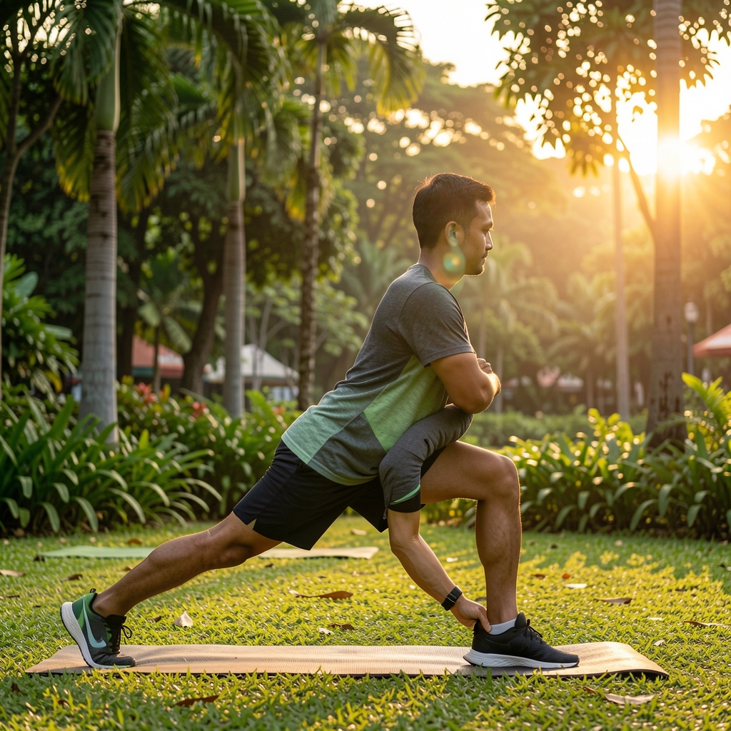 Man in athletic wear stretching outdoors in a Jakarta park at sunrise, green foliage background