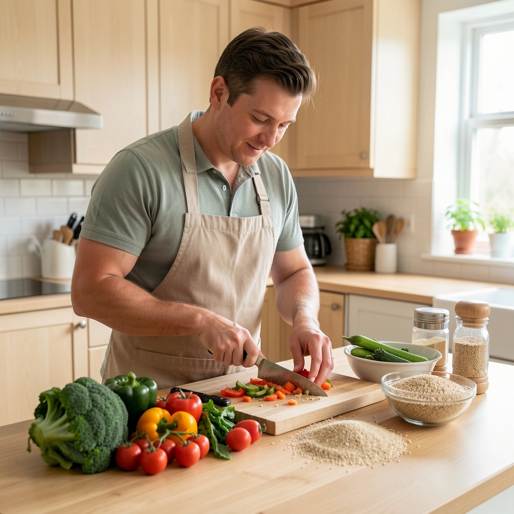 Man preparing a wholesome meal with fresh vegetables and grains on a clean wooden kitchen counter