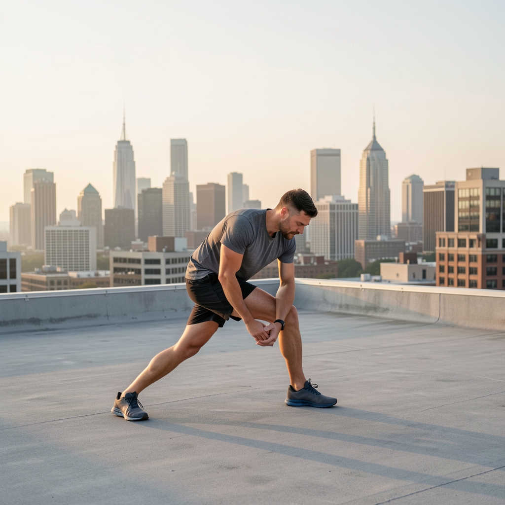 Man doing morning mobility exercises on a rooftop with city skyline in soft morning light