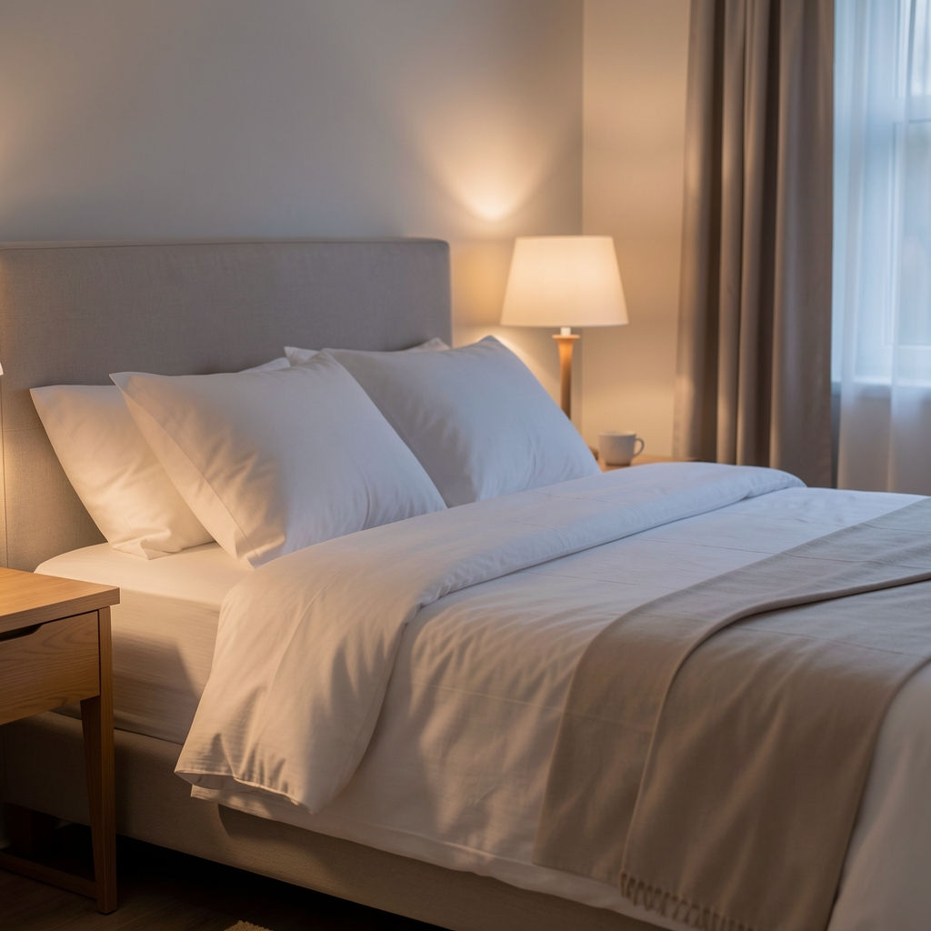 Dim bedside lamp illuminating a neatly made bed with white linen, calm pre-sleep environment