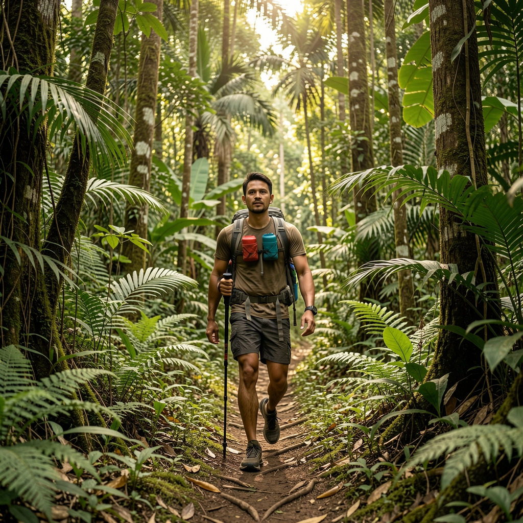 Man hiking a lush tropical trail during a weekend outdoor fitness outing in a forest near Jakarta