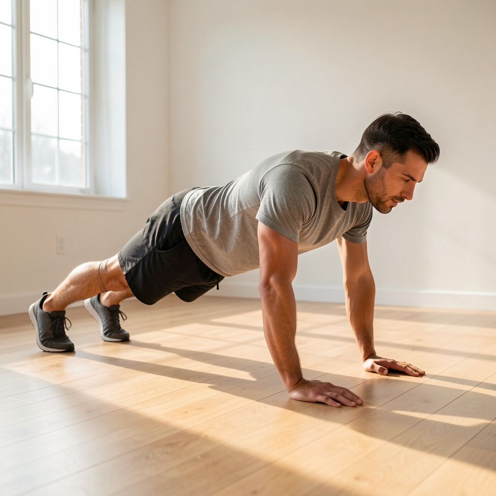 Man performing a plank exercise on a wooden floor in a clean well-lit room, morning workout