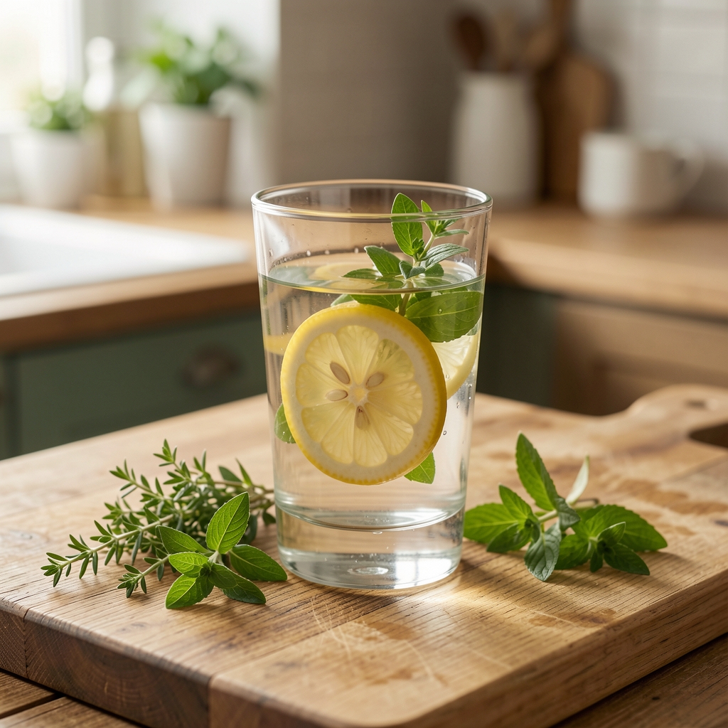 Glass of water with sliced lemon and fresh herbs on a wooden kitchen bench, hydration focus