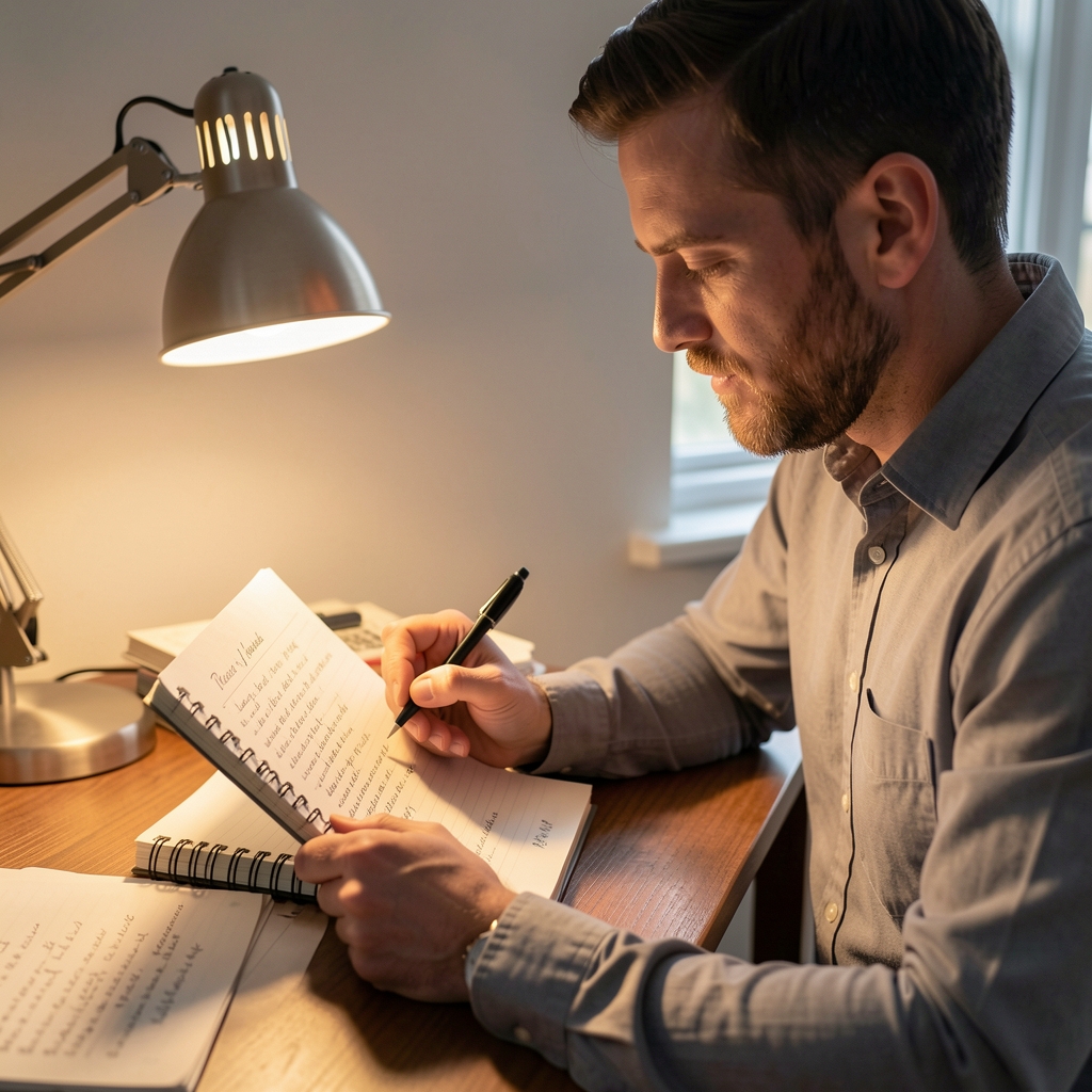 Man reviewing handwritten progress notes in a spiral notebook under warm desk lamp light