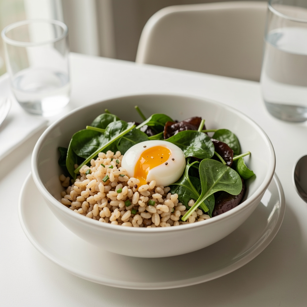 Freshly prepared bowl meal with grains, greens and a soft-boiled egg on a clean table setting