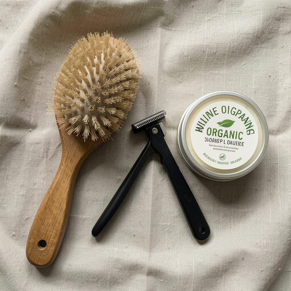 Flat lay of grooming essentials including a natural bristle brush, razor, and organic soap arranged on linen cloth