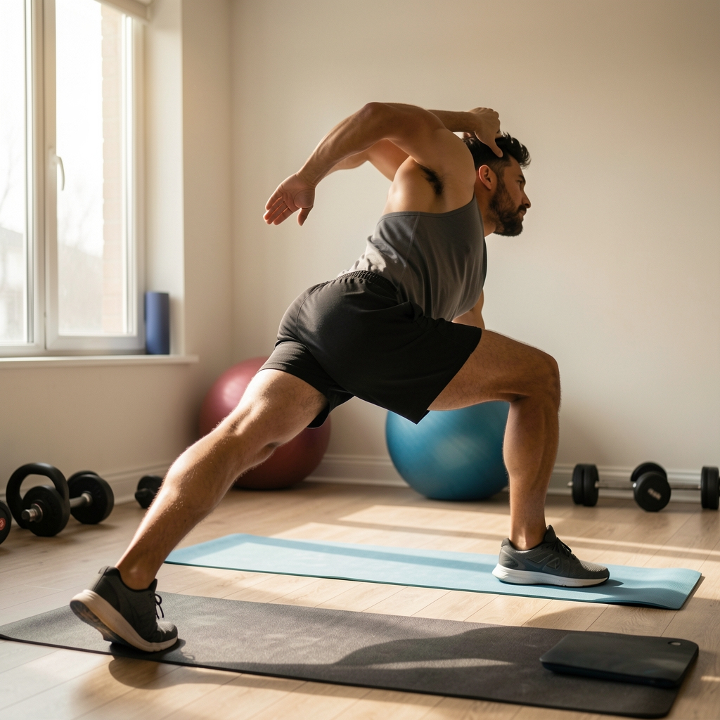 Man stretching in a softly lit room after a strength training session, post-workout recovery moment